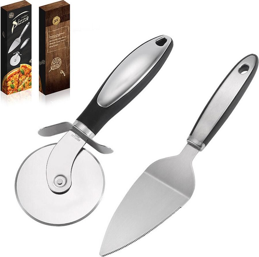 Pizzasnijder Pizzaschep Pizzames Ergonomische pizzasnijder Robuust & Scherp Wiel Keukengerei Keuken accessoires Roestvrijstaal 2-delige set