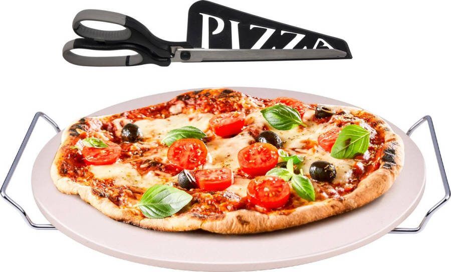 Merkloos Pizzasteen BBQ oven rond keramiek 33 cm met handvaten en zwarte pizzaschaar Pizzaplaten