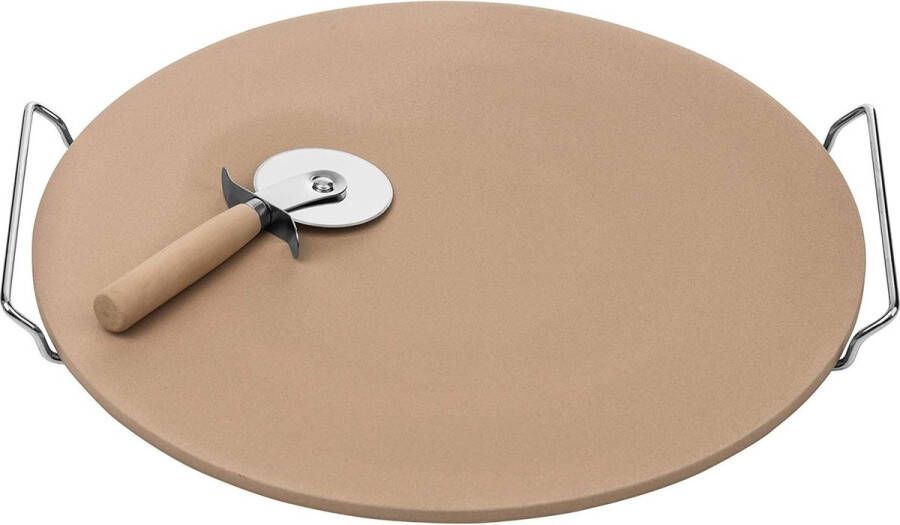 Pizzasteen en snijset aardewerk plank chroom standaard Housewares 40 x 38 cm naturel