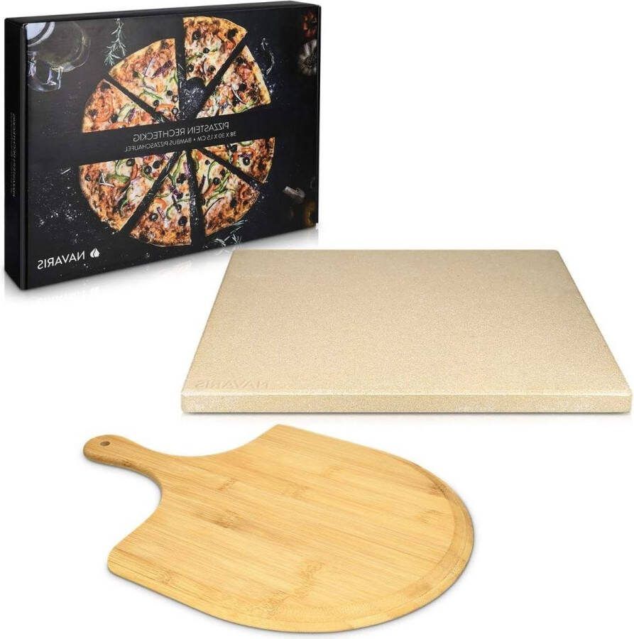 Pizzasteen Rechthoekige 38x30 cm voor Oven en Barbecue met Pizzaschep van Bamboe Pizzaschep