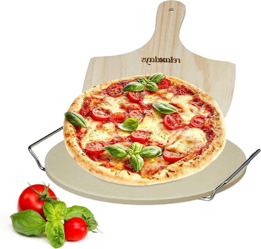 Pizzasteen set 1 cm dik HBD 4x32x32 cm Pizzaschep van hout voor oven en barbecue Rond corderiet natuur