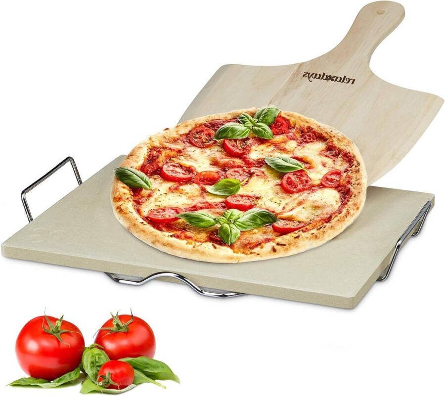 Pizzasteen set 15 cm dik met metalen houder Pizzaschep van hout Voor oven Rechthoekig Corderiet natuur