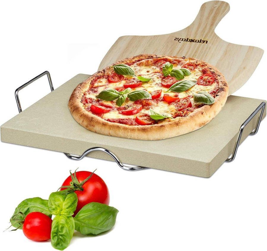 Pizzasteen set metalen houder en houten pizzaschep afmetingen 7 x 43 x 315cm rechthoekig natuurlijke steen pizza stone