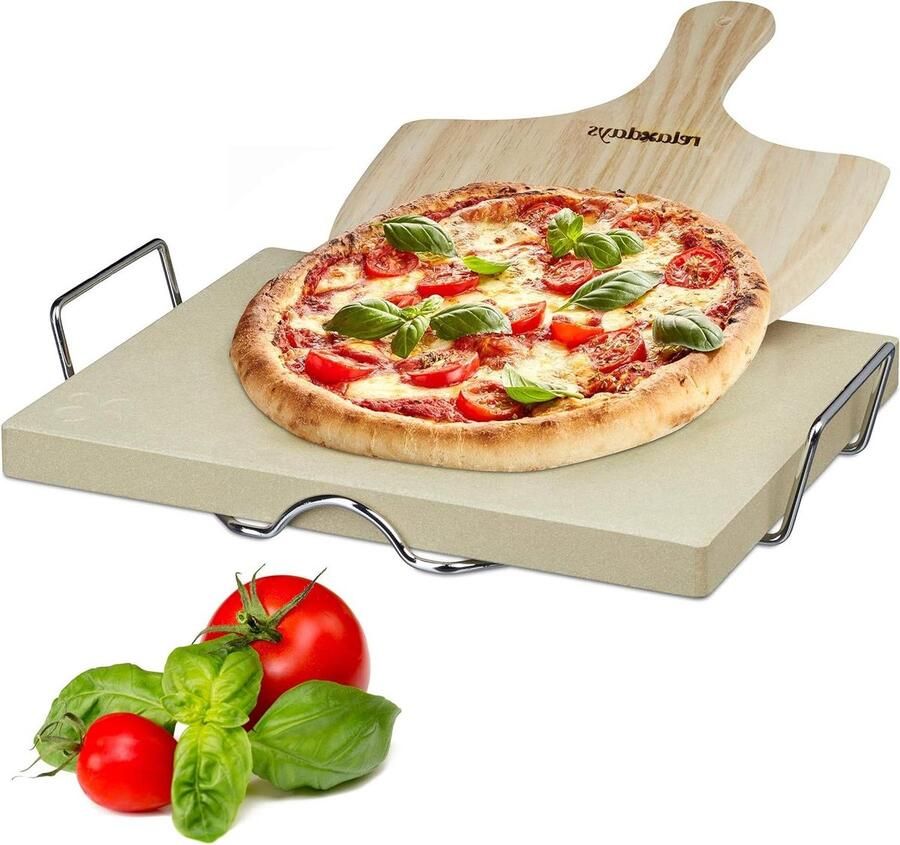 Pizzasteen set Metalen houder en pizzaschep van hout 7 x 43 x 315cm Rechthoekige steen natuur