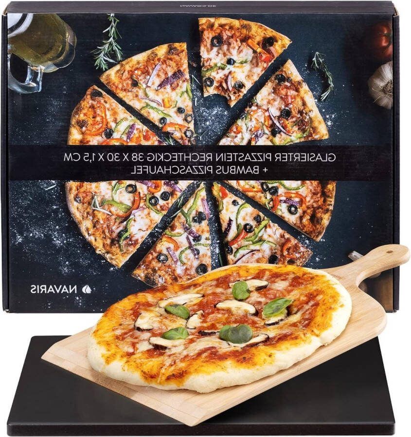 Pizzasteen voor oven en barbecue XL Rechthoekige pizzaplaat 38 x 30 cm Inclusief bamboe pizzaschep en receptenboek pizza stone