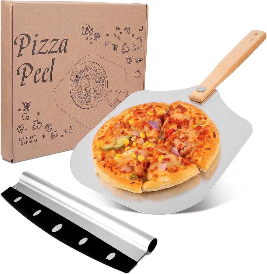 Pizzasteen XL pizzaschep aluminium pizzasteen voor oven pizzasteen gasgrill pizzasteen rechthoekig pizzasteen grill pizzastaal met extra grote pizzasnijder inklapbaar houten handvat