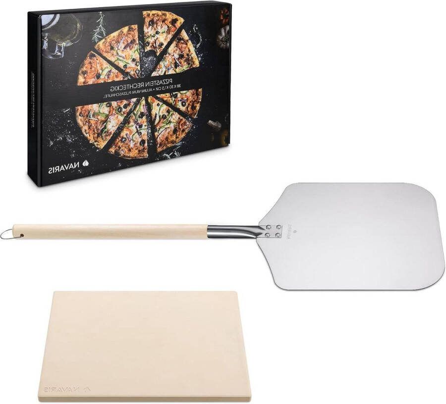 Pizzasteen XL voor oven en barbecue Rechthoekige pizzaplaat 38 x 30 cm Inclusief pizzaschep en receptenboek Navaris Groot formaat Hittebestendig