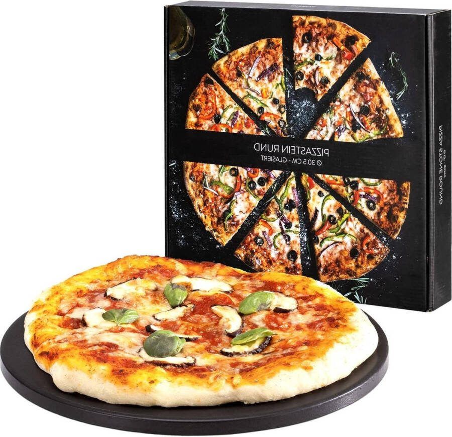 Pizzasteen XL voor oven en barbecue Ronde pizzaplaat Ø 305 cm Inclusief receptenboek Keramisch geglazuurd Zwart Extra grote pizzasteen