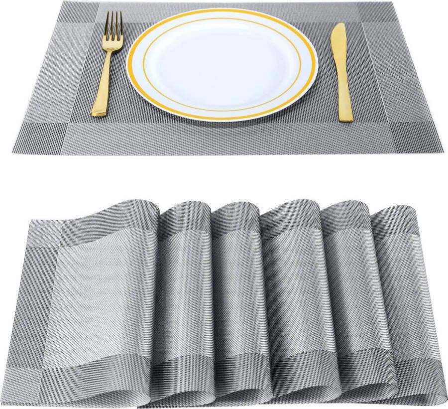 Placemats Set van 6 stuks Antislip Warmte-Isolatie Vlekbestendig Gemakkelijk Schoon Onderhoudsvriendelijk PVC 45x30 cm Zilvergrijs