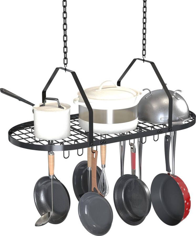 Plafondpot en pannenrek keukenpotorganizer opbergrek multifunctionele organizer voor thuis restaurant keuken kookgerei met 20 verwijderbare haken (zwart)