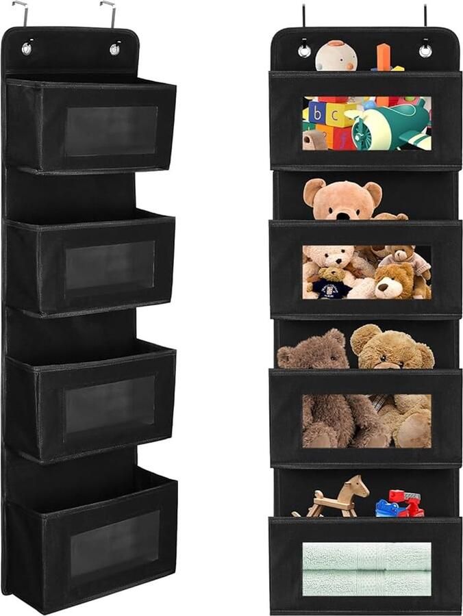 Planken om op te hangen hangend rek aan de bovenkant van de deur hangend rek met 4 grote vakken en 2 metalen haken voor voorraadkast babykamer kinderkamer (zwart)