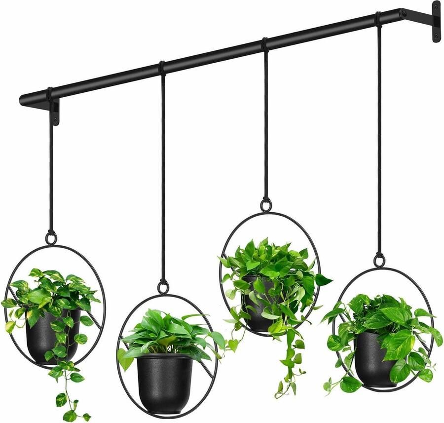 Hangbloempot set van 4 ronde plantenhangers melamine bloempot binnen en buiten tuin balkon hangende plantenbakken wand en plafondplanten zwart