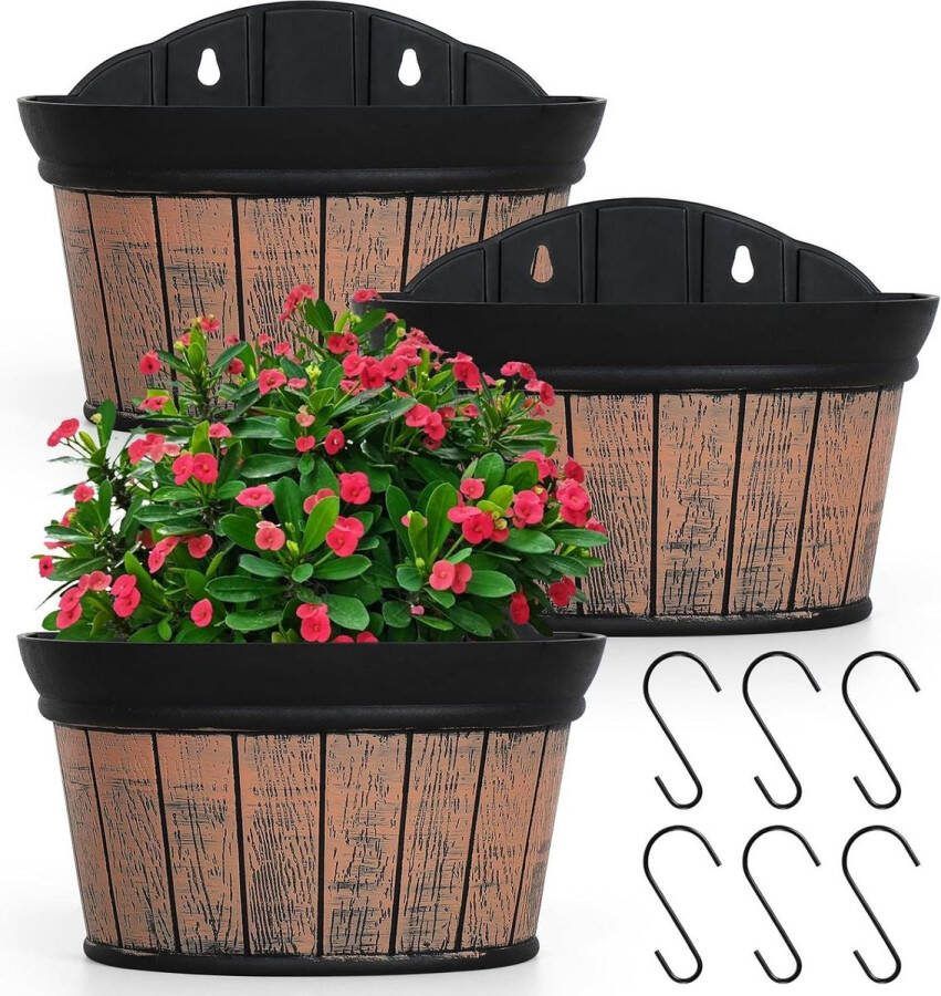 Plantenhanger 3-delige set wandvazen plantenpot distressed eiken wateropslag bloempotten binnen buiten bruin