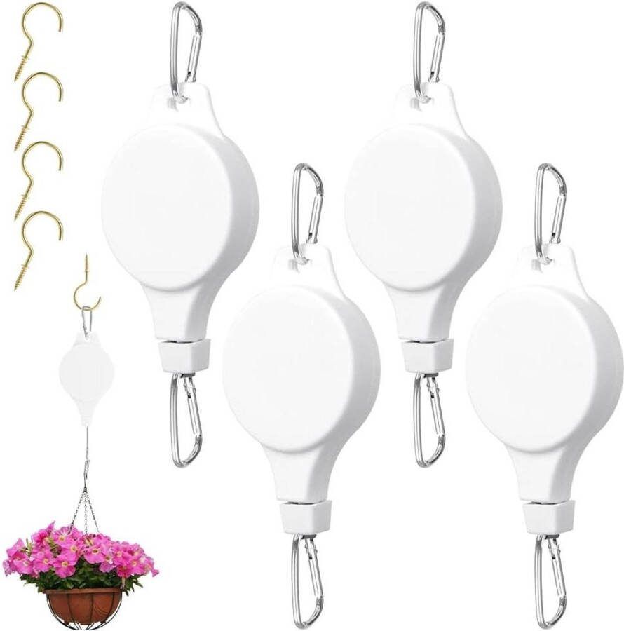 Plantenhanger 4 stuks intrekbare haken verstelbare bloemmand-hanger plantenrollen lichtlifthaak tuinmanden bloemenhaken vogelhuisophanging (wit)