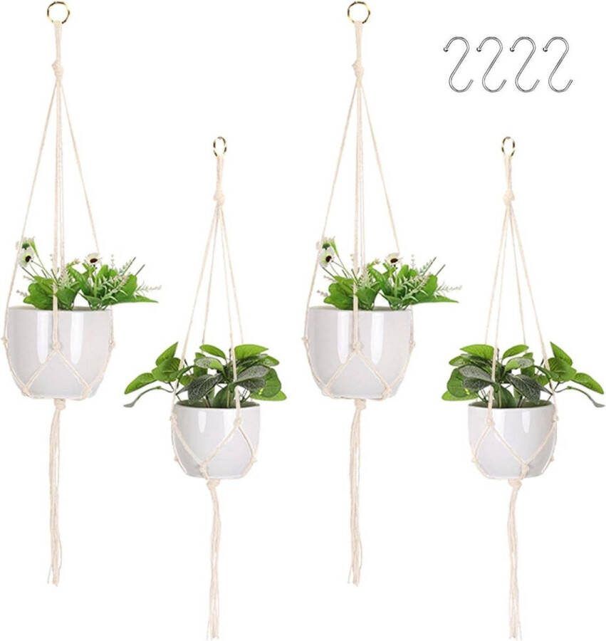 Plantenhanger 4 stuks ophanging voor macroplant hangpot met 4 ophanghaken en katoenen touw buiten hangende decoratie voor op balkon