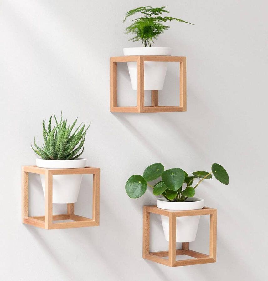 Plantenhanger Hangende Bloempotten in Massief Houten Frames Set van Keramiek en Hout voor Muren en Tafels Natuurlijk Bruin