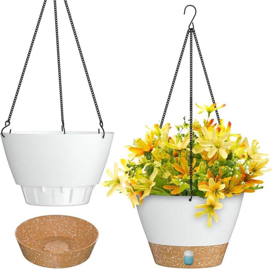Plantenhanger Hangende Plantenpot 25 cm 8 Inches Tuinornamenten Bloempotten Zichtbaar Waterpeil Bak Drainagegaten Verwijderbare Schotel Binnen Buiten Planten Wit Set van 2