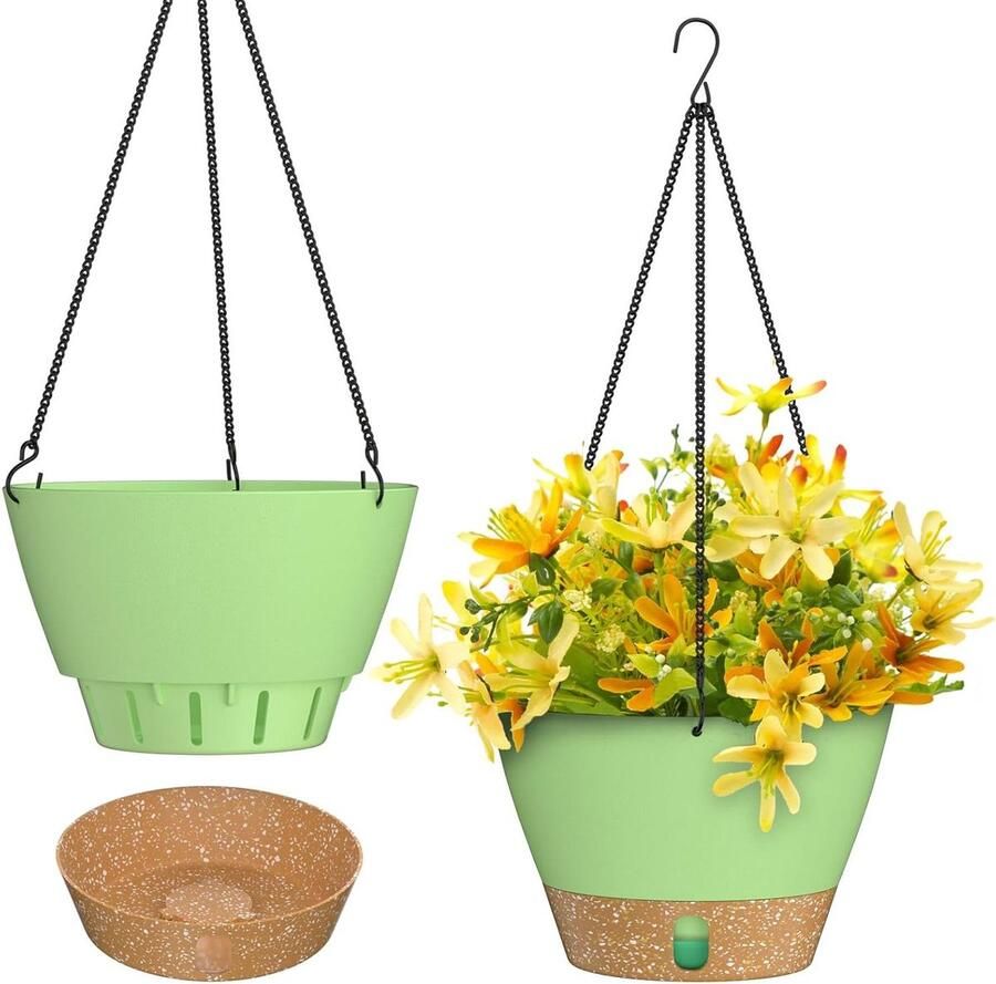 Plantenhanger Hangende Plantenpot Hangend Tuinornament 25 cm 8 Inches Bloempotten Zichtbaar Waterpeil Bak met Drainagegaten Verwijderbare Schotel Voor Binnen en Buiten Set van 2 Groen