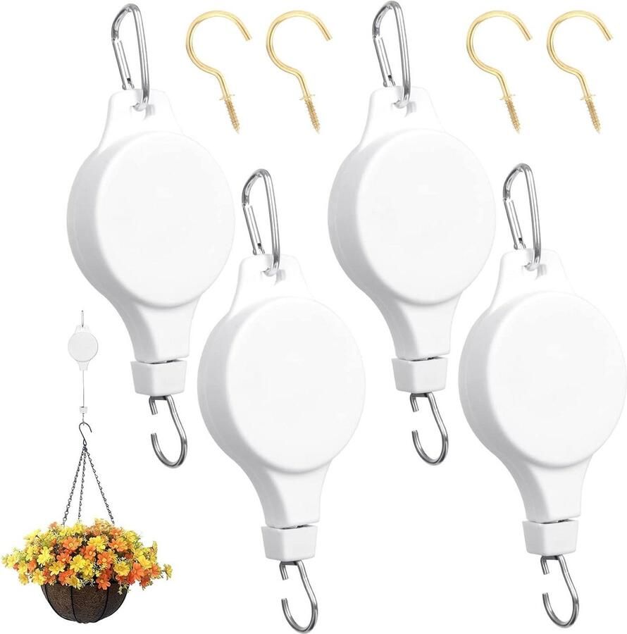 Plantenhanger Intrekbare Haken Wit Oplichtend Plantenlift Trekkoord Bloemenmand Set van 4 Haken voor Bloemenhangers Planten Vogelhuis met Plafondhaken