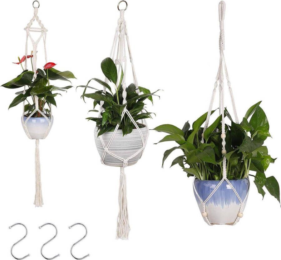 Plantenhanger Katoen Touw Opknoping Planter Mand Wit Bloem Pot Hanger met Ophanghaken voor Indoor Outdoor Decor 3 Pack Macrame Plant Hangers