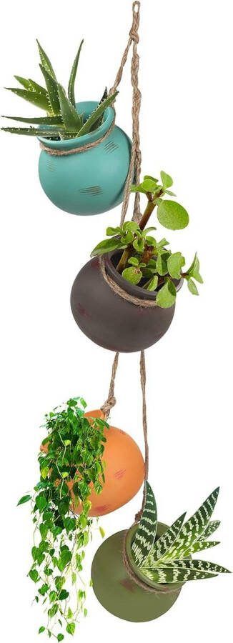 Plantenhanger Keramische Hangende Plantenbak met 4 Potten Bungelende Vetplant Bloembak Veelkleurige Plantenhouders Jute Touw Binnen Buiten Decoratie
