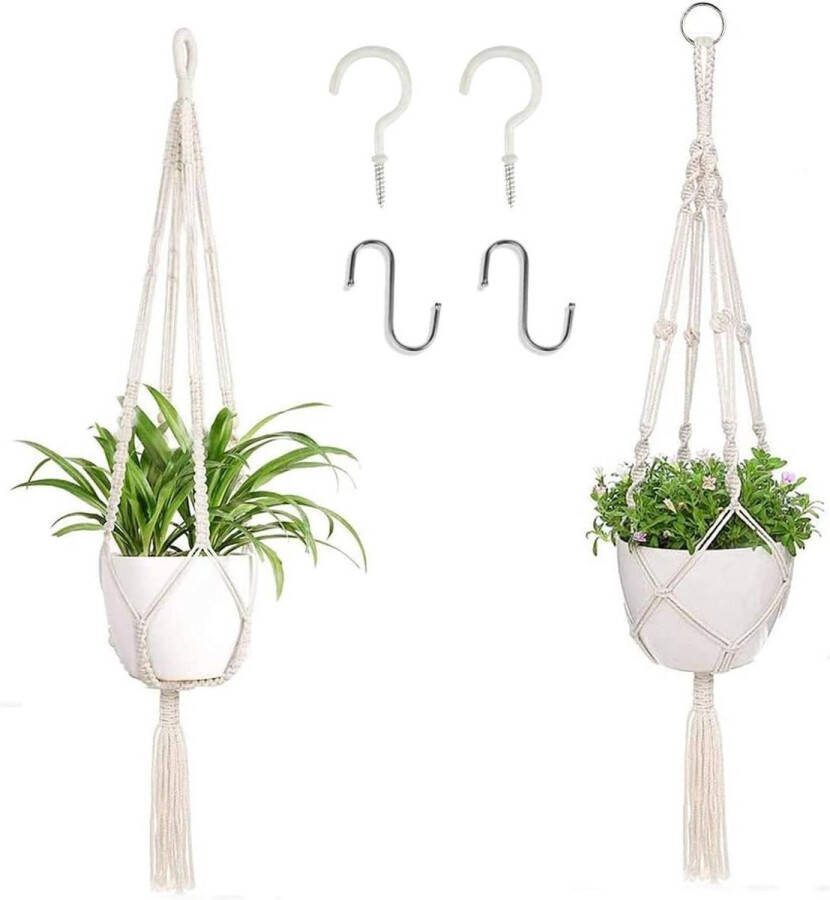 Plantenhanger Macramé plantenhangers 2 stuks bloemenhanger met 4 haken hangpotten 100 cm plafond- en balkonwanddecoratie binnen en buiten beige