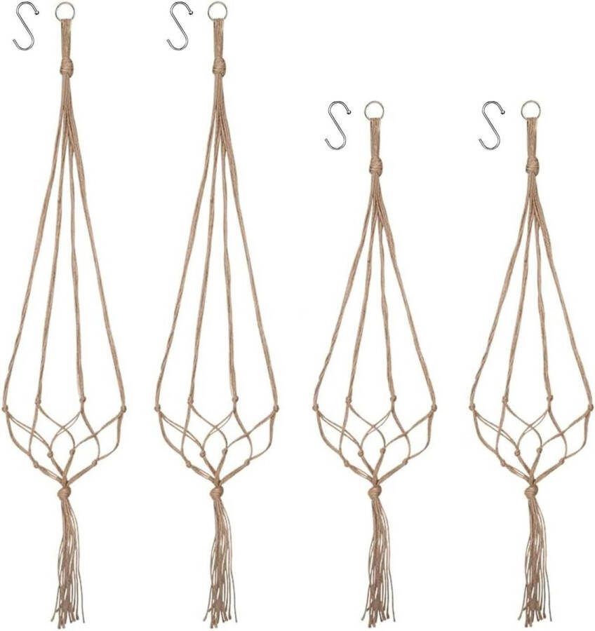 Plantenhanger Macramé Set met 4 Bloemhangers Boho Decoratie Henneptouw Bloempothouder Hanglamp Planten Binnen en Buiten Plafond Balkon Decoratie 90 105 cm