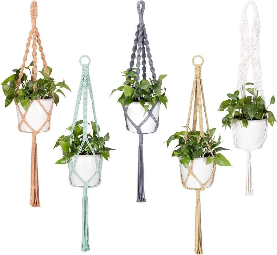Plantenhanger Macramé Set van 5 Katoenen Plantenhangers voor Binnen en Buiten Lengte circa 100 cm