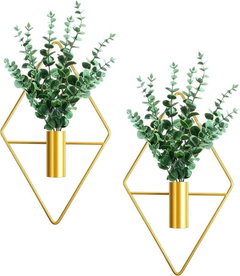 Plantenhanger Planthanger 2-delige metalen geometrische wandvaas met kunstplant hangend modern bloempot om op te hangen voor decoratie goud eucalyptus