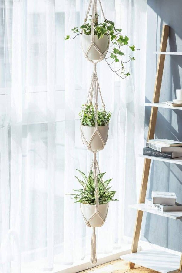 Plantenhanger Planthanger 3-laags hangende plantenhouder hangende plantenhouder decoratieve handgemaakte katoenen touw bloempotten houder voor binnen buiten woondecoratie
