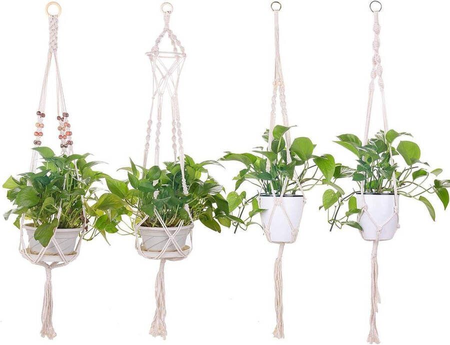 Plantenhanger Planthanger Macramé Bloemenhangers Katoenen Touw Hanglampen Bloempot Plantenhouder Binnen en Buiten Macramé Bloemenhanger Plafonds Balkons Wanddecoratie 108 cm 4 Poten