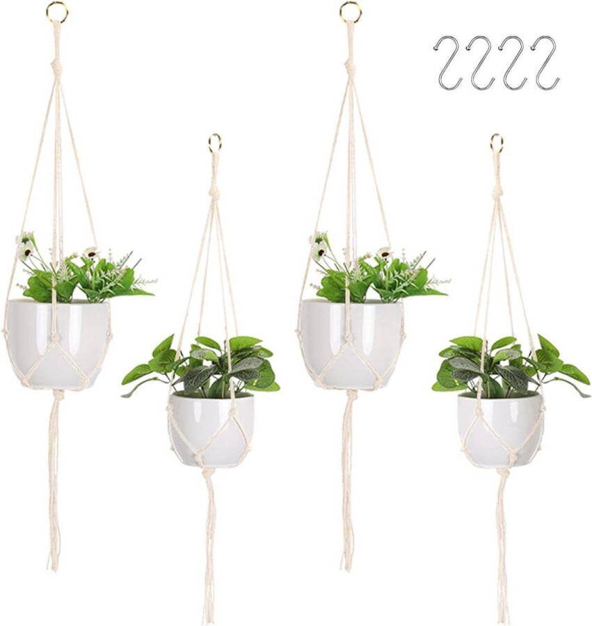 Plantenhanger Planthanger Macramé Hangende Plantenpot Decoratie Hangplanten Bloempotten Balkon Opknoping 4 Stuks (2 Maten) met Haken