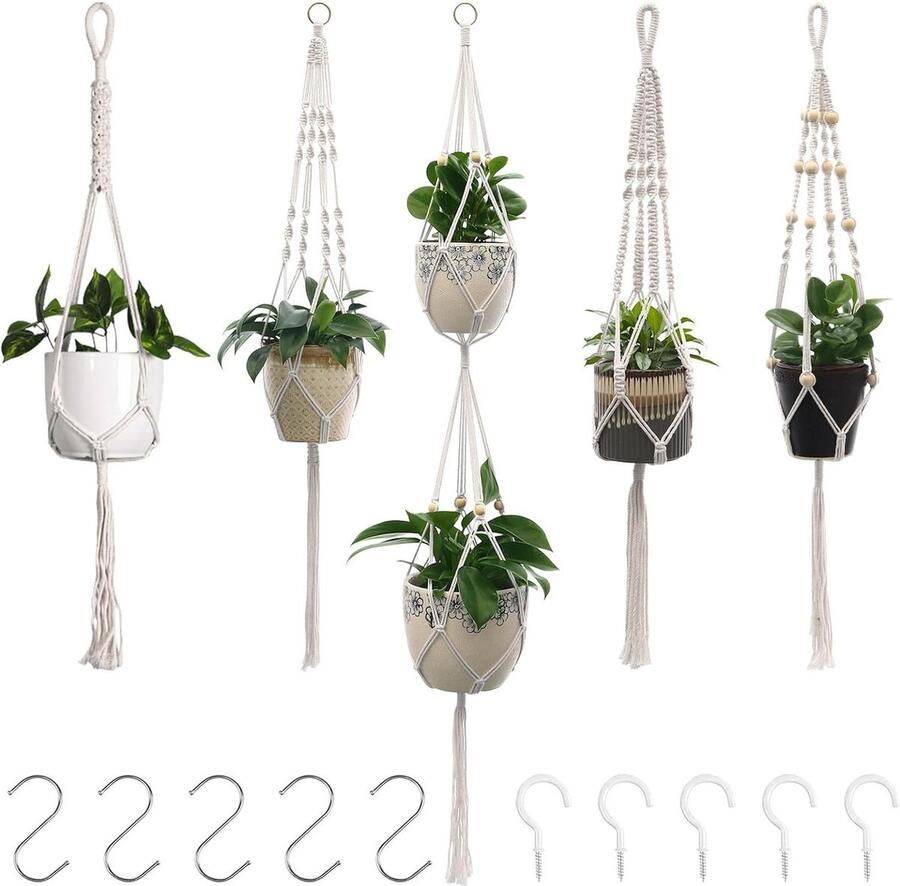 Plantenhanger Planthanger Macramé hanging baskets set Boho decoratie Katoenen touw Bloemmand Set Beige bloempot Planten houder Hanger binnen buiten Tuin balkon patio raam
