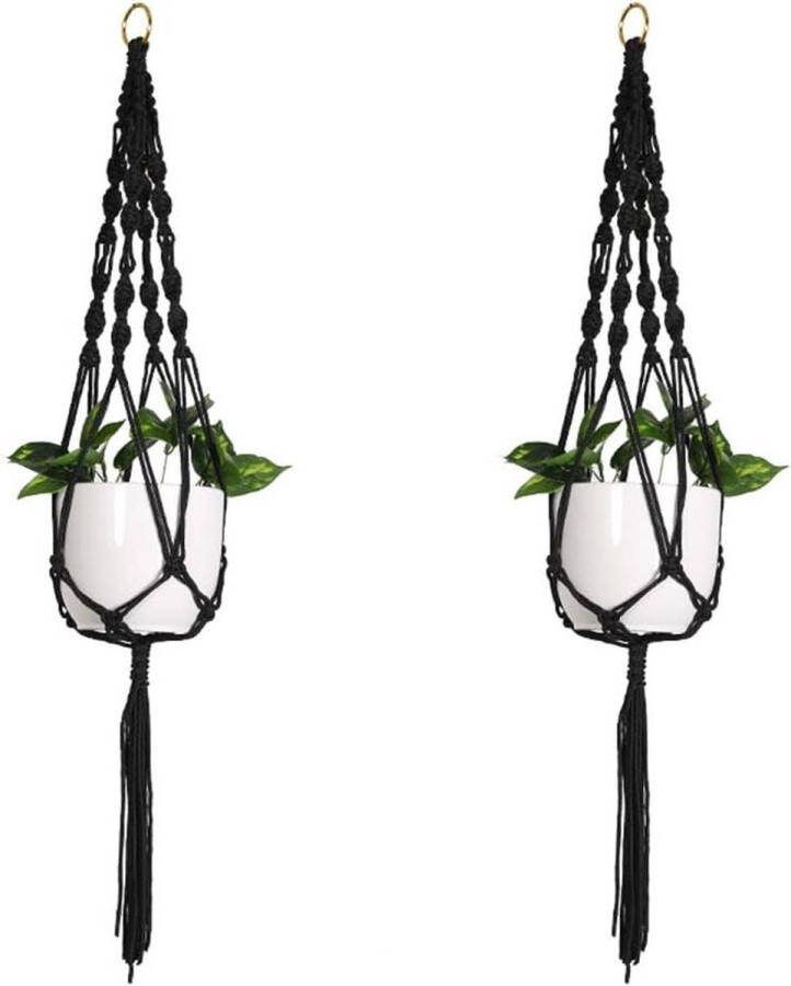 Plantenhanger Planthanger Macramé Plantenhangers Bloempothouder Hangende Plantenmanden Katoenen Touw Zwart Kwastjes 105 cm Set van 2