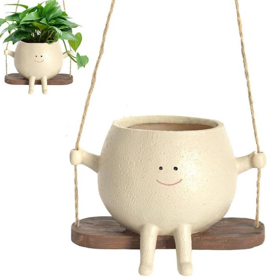Plantenhanger Planthanger Schommel bloempot met gezicht macramé hangende plantenpot kruidenpot voor vetplanten binnen en buiten tuin plafond balkon decoratie 11 x 79 x 9 cm