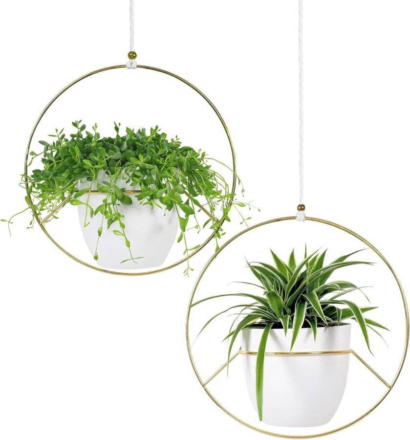Plantenhanger Planthanger Set van 2 Hangpotten Hangende Bloempot Goud Metaal Witte Bloempot Binnen