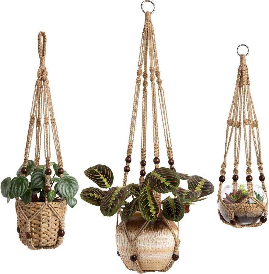 Plantenhanger Planthanger Set van 3 macramé plantenhangers binnen plantenmand hangende bloempothouder jute touw met parels zonder kwastjes jute touw 58 cm 73 cm 89 cm