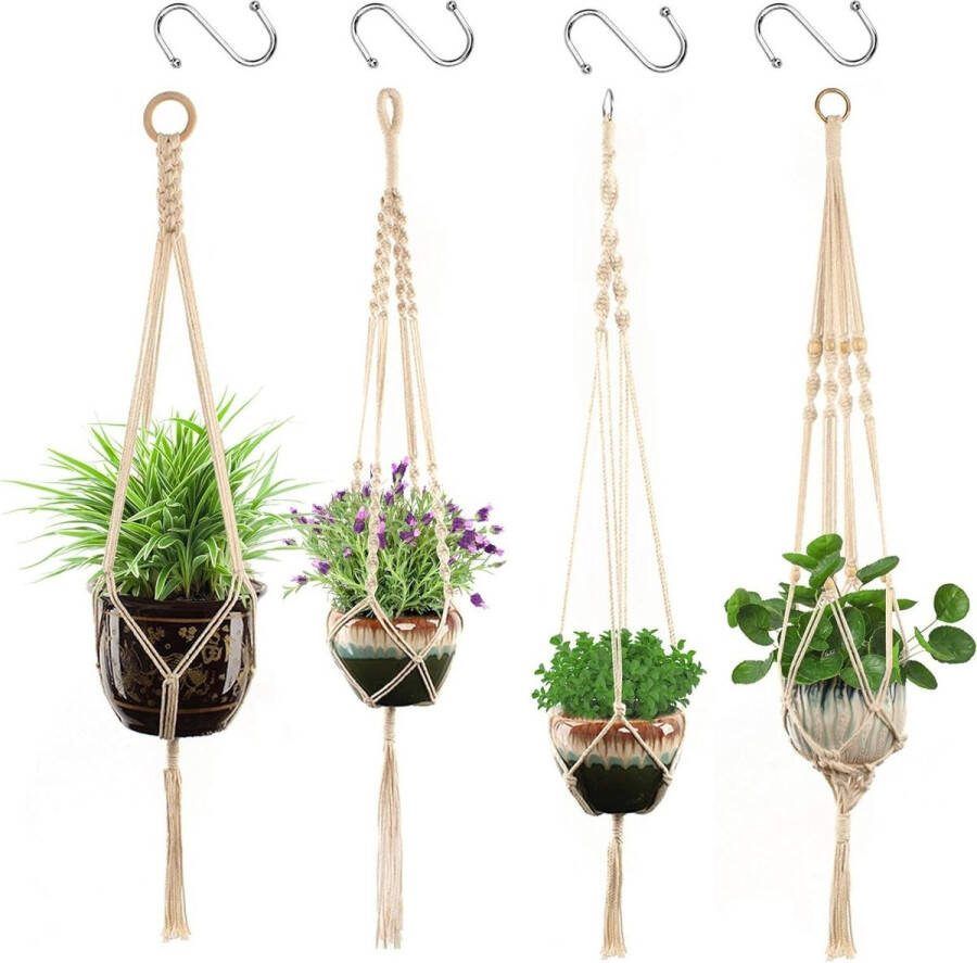 Plantenhanger Planthanger set van 4 boho-decoratie katoenen touw vintage decoratie katoenen touw bloempot hangend voor balkon raam decoratie binnen en buiten beige