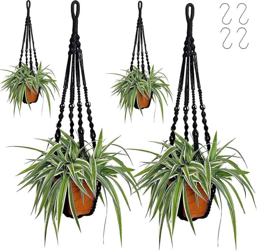 Plantenhanger Planthanger Set van 4 Macramé Plantenhangers Zwart Hangende Manden Tuin Kantoor Huisdecoratie