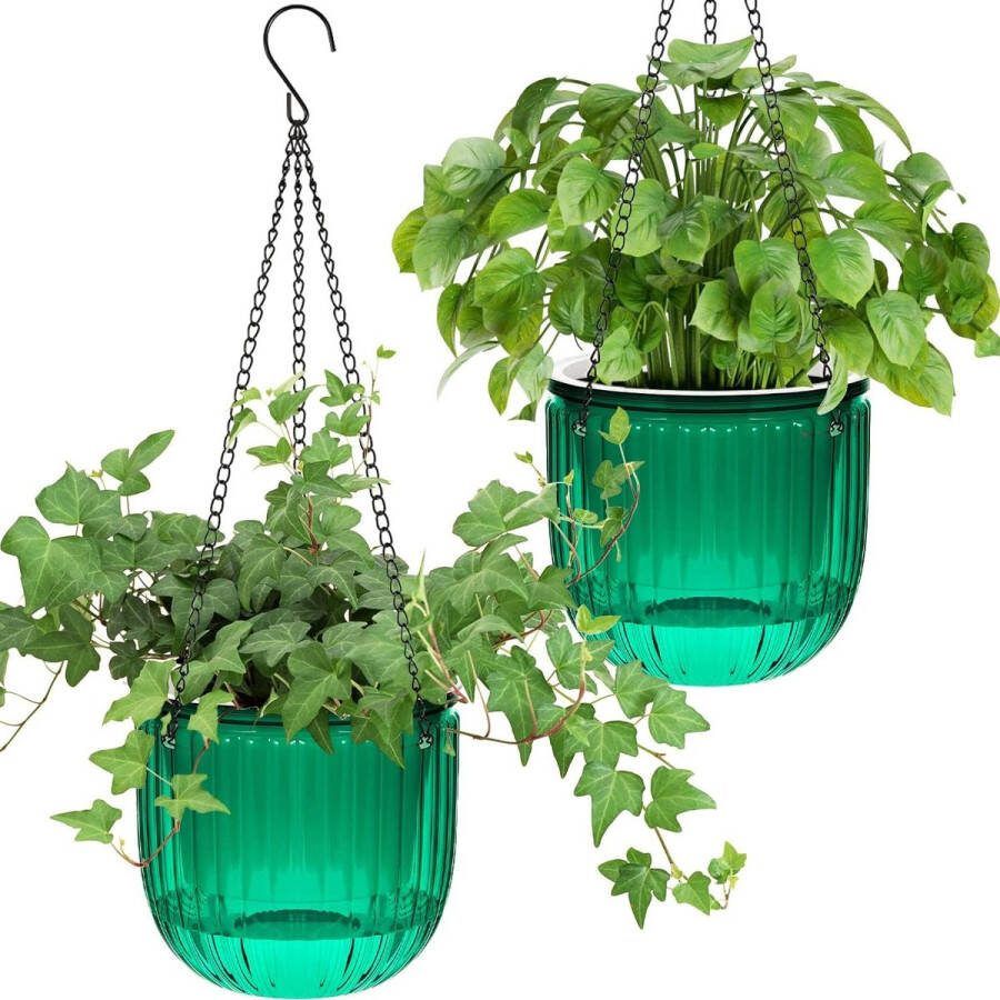 Plantenhanger Planthanger Zelfbewaterende Bloempotplanten Hangende Bloempotten Binnen en Buiten 3 Haken Drainagegaten Plafonds Balkons Wanddecoratie Groen
