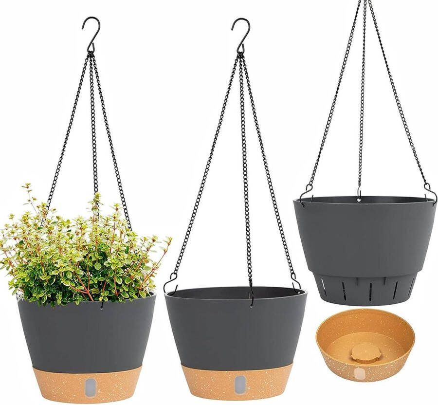 Plantenhanger Planthanger Zelfbewaterende Plantenbak 10 Inch Grijs-Zwart 3-pack Hangende PlantenPot Binnen Buiten Tuin Afvoergaten Verwijderbare Zichtbare Waterniveaubak Kettinghaken