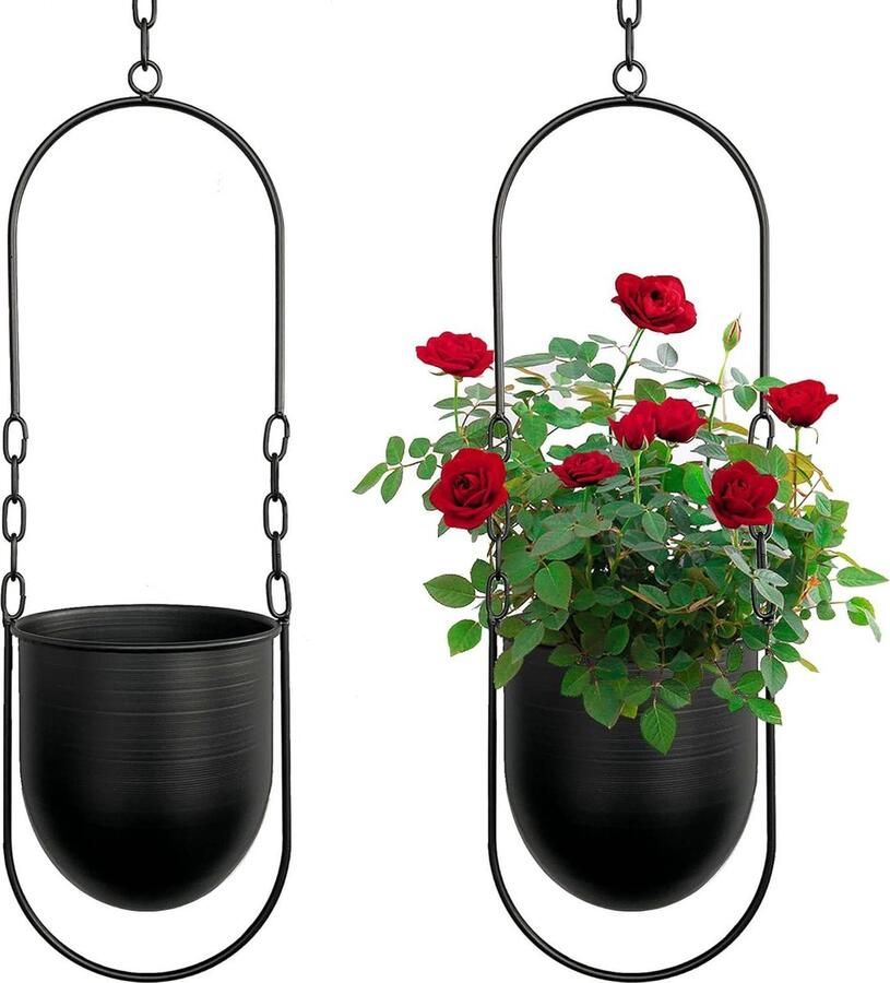 Plantenhanger Set van 2 hangende plantenhangers voor boho stijl moderne wand- en plafondplanten bloempothouders voor vetplanten en kruiden luchtplanten zwart