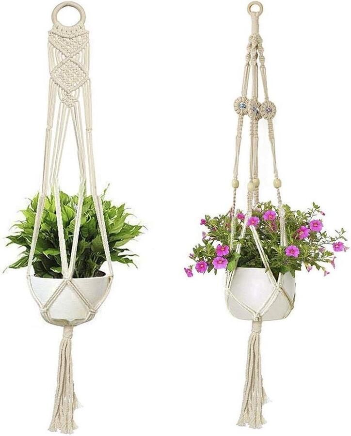 Plantenhanger Katoenen Macramé-plantenhangers Set van 2 Bloemen Wandbloempotophanging Plantenhouder Touwophanging (Planten en Potten niet inbegrepen)