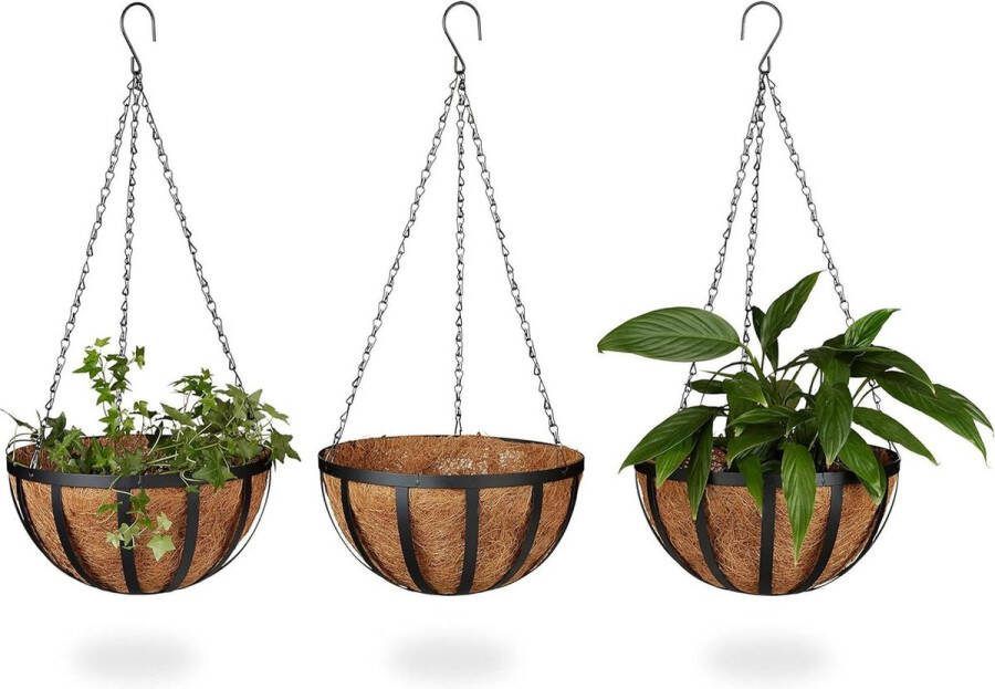 Plantenhanger set van 3 houders kokos 21 liter ketting diameter 30 cm hanging basket bruin