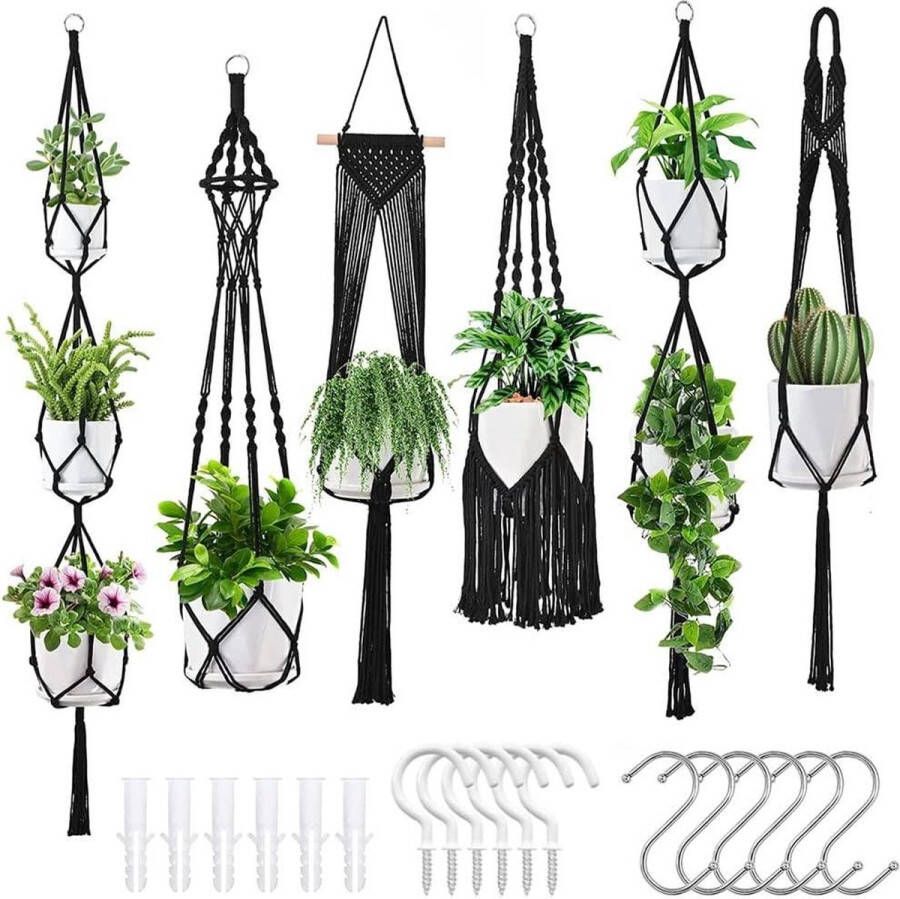 Plantenhanger Set van 6 hangende plantenhangers voor kamerplanten handgemaakte Macramé binnenbloempotten met ophangkit