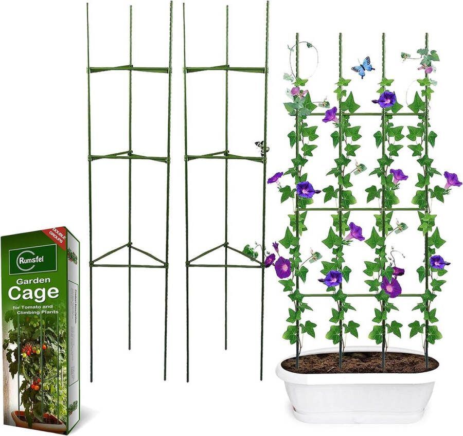 Plantenhouder klimhulp planten robuuste tomatenkooi tuinplant steunstangen kooi lang staal kunststof gecoate plantensticks met verbindingsstang (twee sets)