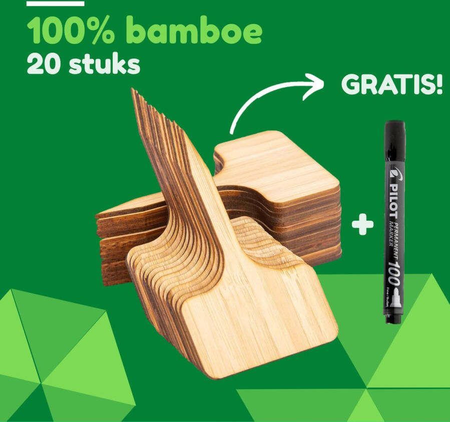 Tomassio Plantenlabels 100% natuurlijk bamboe 20 stuks met watervaste stift Eco vriendelijk moestuin steeketiketten moestuin bordjes plantlabel met watervaste zwarte fineliner plantensteker plantenlabels buiten