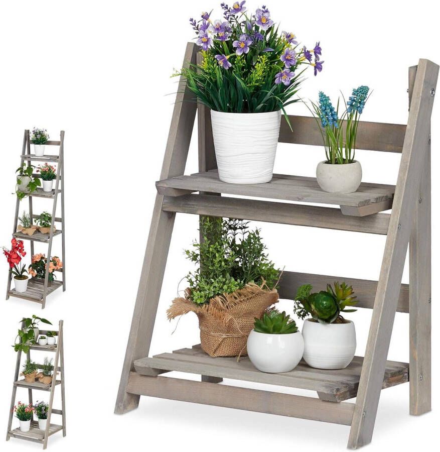 Plantenladder 2 etages houten bloemenrek grijs HBD 515 x 41 x 24 cm Contente in HTML Plantenladder