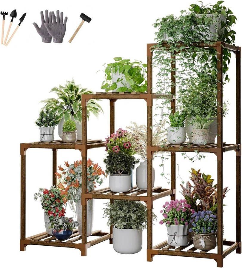 Plantenladder 7 potten houten plantenhouder voor binnen en buiten raam- en wandhoekplank bloemenstandaard balkon woonkamer tuin Plantenladder