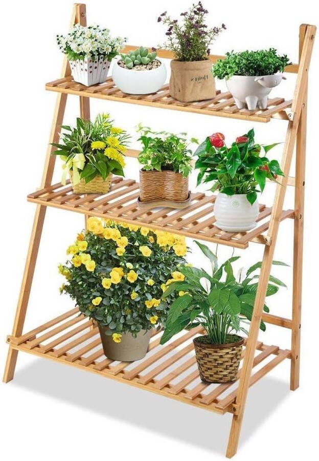 Plantenladder Bamboe Bloemstandaard 3 Tier Bloem Display Stand Scheve Ladder Plantenladder voor Buiten Balkon Woonkamer Tuin Patio Plantenladder